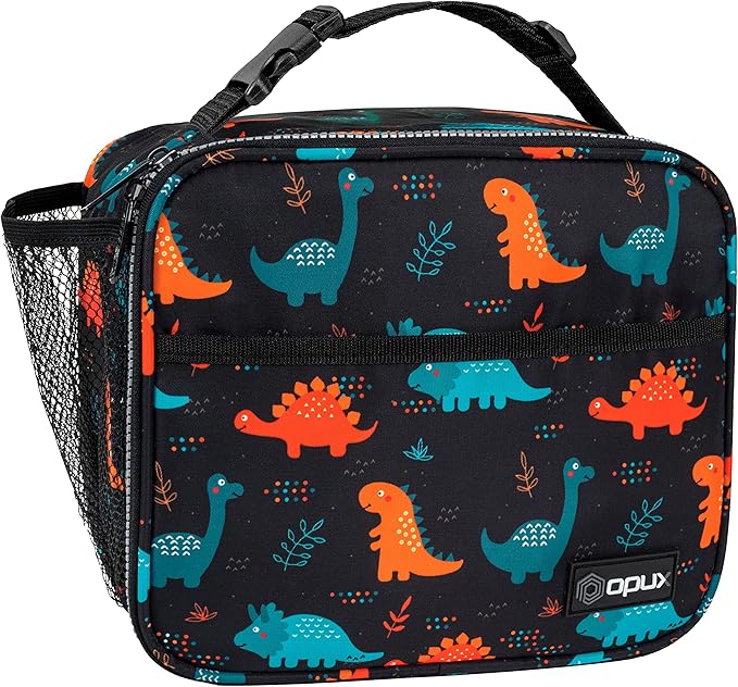 opux Insulated Lunch Bag Kids, Lunch Box for School Boy Girl, Leakproof Small Reusable Compact Soft Mini Cooler Bag, Toddler Small Lunch Boxes Kit Pail with Front Side Pockets (Dinosaur)