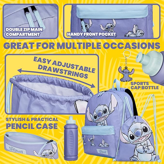 Disney Stitch Backpack 5-Pcs Gifts for Girls, Kids with Water Bottle Drawstring Bag Pencil Case Keychain School Travel Kit (Blue/Lilac)