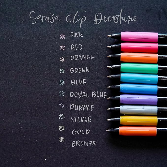 Zebra Pen Sarasa Clip Decoshine Retractable Gel Pen, 0.5mm Fine Point, Assorted Metallic Colors, Works Well on Dark Paper, Ideal for Journal, Note Taking and Planner Use, 9-Pack (49009)