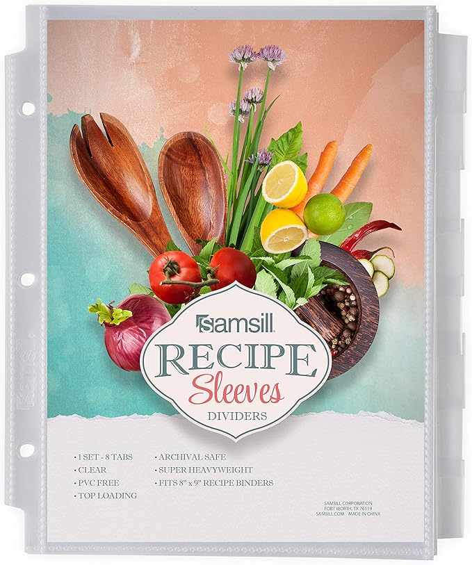 Samsill Junior 8 Tab Recipe Dividers, Recipe Sleeves, Sheet Protector Dividers with Tab Inserts, Clear, Super Heavyweight, Top Loading, 3 Hold Punched, Fits 8x9 Inch Mini Recipe Binders, Archival Safe