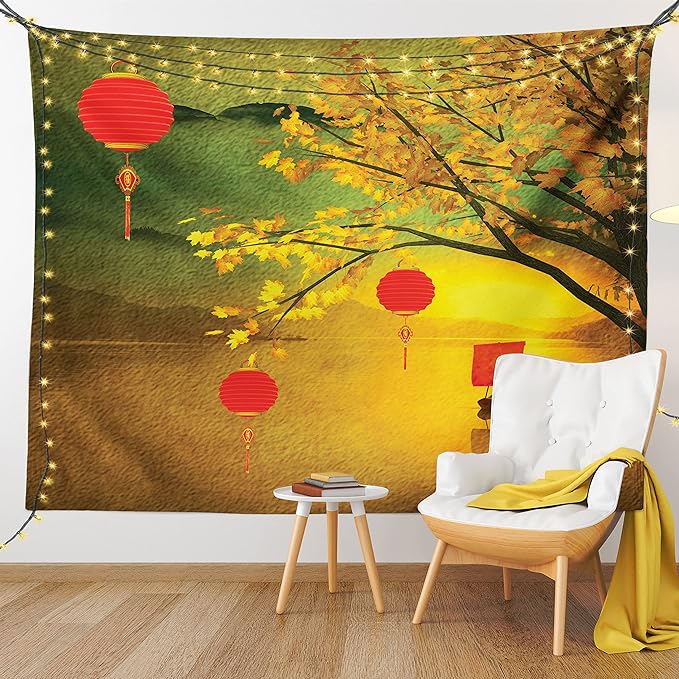 Ambesonne Oriental Tapestry, Traditional Chinese Folk Hanging from Pale Fall Trees Lake Faded Nature Photo, Fabric Wall Hanging Decor for Bedroom Living Room Dorm, 30" X 45", Yellow Green