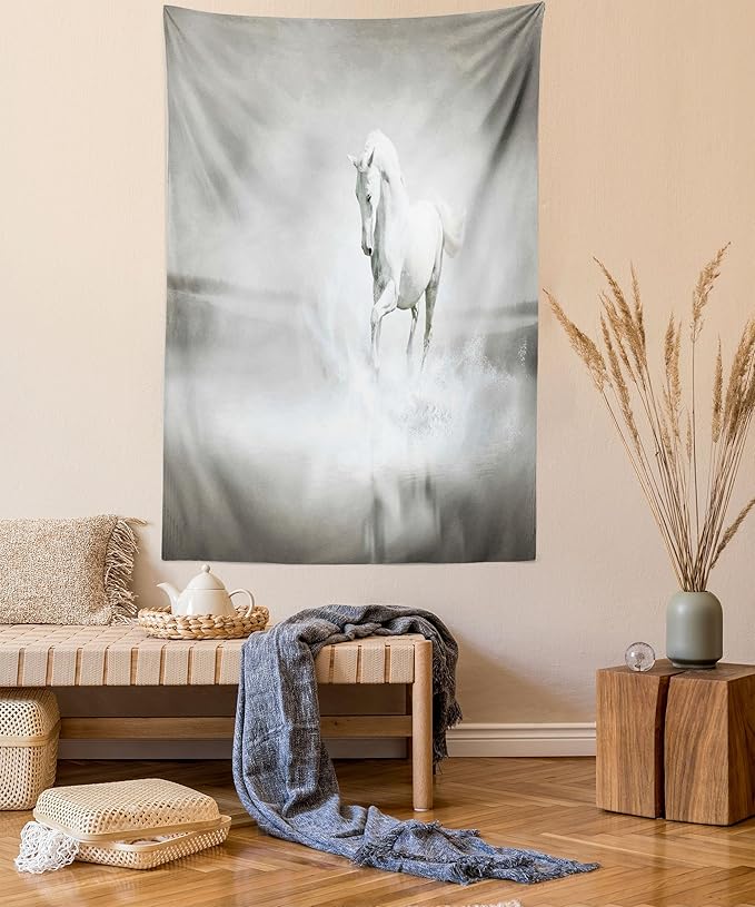 Ambesonne Horses Tapestry, Wild Horse Running Through Water Dramatic for the Motivation of Life Art, Wall Hanging for Bedroom Living Room Dorm Decor, 60" X 80", Black and White