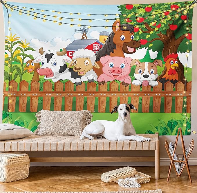 Ambesonne Cartoon Tapestry Queen Size, Composition Farm Animals on Fence Comic Mascots Dog Cow Horse Design, Wall Hanging Bedspread Bed Cover Wall Decor, 88" X 88", Green Multicolor