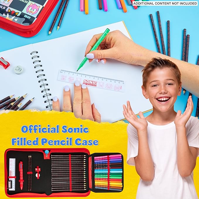 Sonic The Hedgehog Pencil Case with Colored Pencils Set for Kids Tweens School Supplies Gamer Pencil Pouch Markers Knuckles Shadow Amy Gifts for Kids
