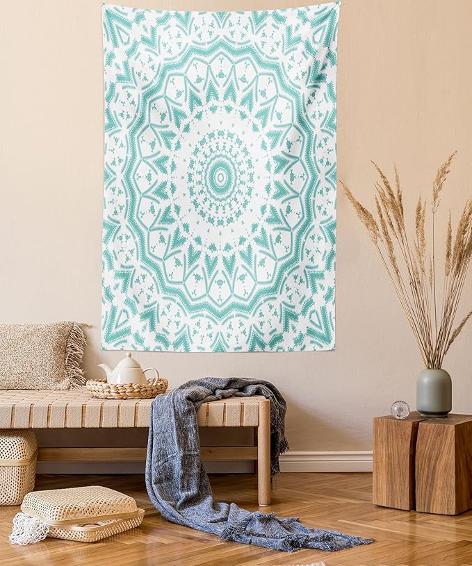 Ambesonne Aqua Tapestry, Mandala Tie Dye Effect Floral Leaves Seem Design Image Art Print, Wall Hanging for Bedroom Living Room Dorm Decor, 60" X 80", Sea Green White