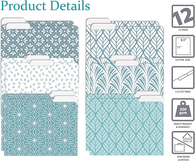 Better Office Products Decorative File Folders, 12 Pack, 6 Unique Designs, Heavyweight, Letter Size (9.5 x 11.5) with 1/3 Cut Tab, Soft Hue Floral Designs, Fashion Folders