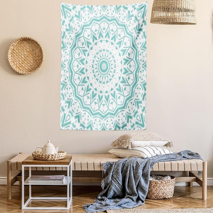 Ambesonne Aqua Tapestry, Mandala Tie Dye Effect Floral Leaves Seem Design Image Art Print, Wall Hanging for Bedroom Living Room Dorm Decor, 60" X 80", Sea Green White