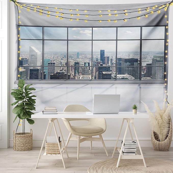 Ambesonne City Tapestry, Clean Office with Big Window Downtown Skyscraper Buildings Domestic Cityscape Art, Fabric Wall Hanging Decor for Bedroom Living Room Dorm, 30" X 45", Grey White