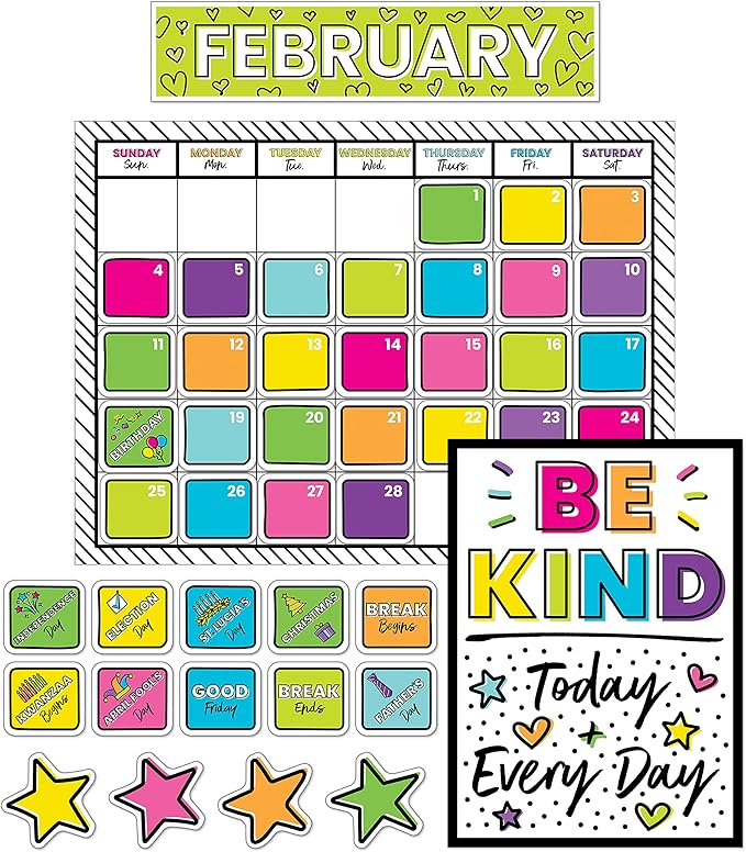 Carson Dellosa Kind Vibes 129 pc Set Wall Calendar, Monthly Headers, Birthdays, Holidays, Number Cover Ups, Motivational Poster, Star Cutouts, and More for Bulletin Board and Classroom Decor