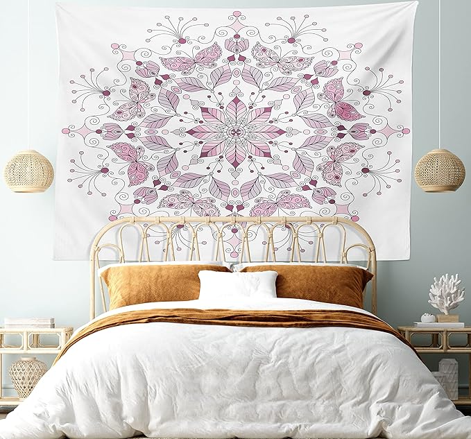 Ambesonne Mandala Tapestry King Size, Lacy Inspired Pastel Floral Motif with Butterfly and Lotus Branches Design, Wall Hanging Bedspread Bed Cover Wall Decor, 104" X 88", White Pale Pink