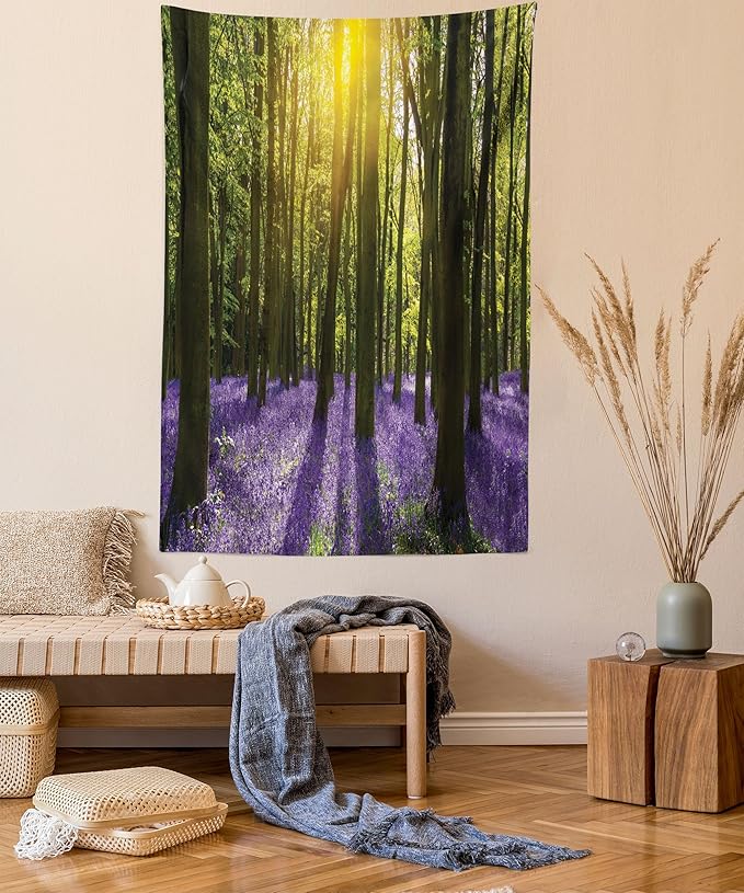 Ambesonne Woodland Tapestry Queen Size, Sunbeams in the Forest of Bluebells Blooms Deep in Woodland Oxfordshire, Wall Hanging Bedspread Bed Cover Wall Decor, 88" X 88", Violet Green Yellow