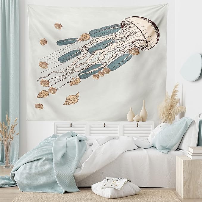 Ambesonne Jellyfish Tapestry, Boho Feather Tentacles Shells Vintage Art Print Under the Sea Tribal Fish, Fabric Wall Hanging Decor for Bedroom Living Room Dorm, 28" X 23", Beige Brown