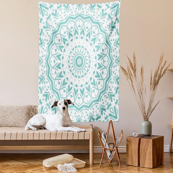 Ambesonne Aqua Tapestry, Mandala Tie Dye Effect Floral Leaves Seem Design Image Art Print, Wall Hanging for Bedroom Living Room Dorm Decor, 60" X 80", Sea Green White