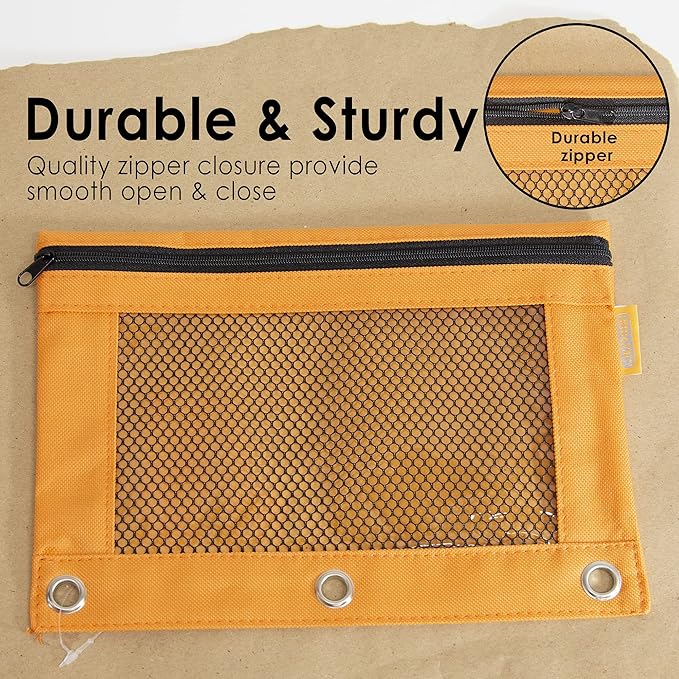BAZIC Products Pencil Pouch 3 Ring Binder Pouch w/Rivet Enforced Rings Holes, Pastel Color Mesh Window Zipper Pouchesr, 6-Pack