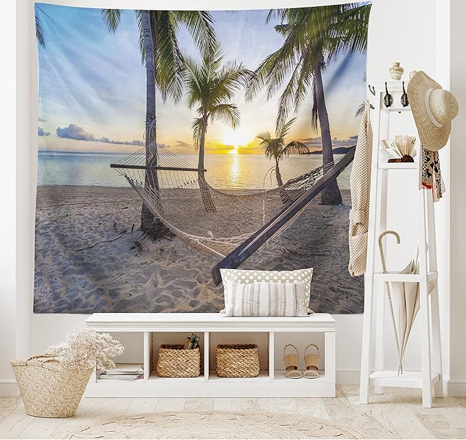 Ambesonne Tropical Tapestry, Paradise Beach Hammock and Coconut Palm Trees Horizon Coast Vacation Scenery, Fabric Wall Hanging Decor for Bedroom Living Room Dorm, 45" X 30", Sand Brown