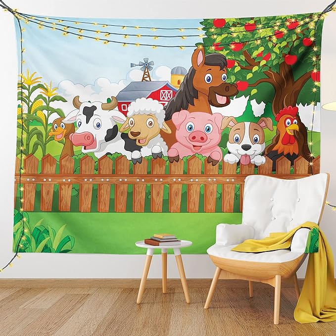 Ambesonne Cartoon Tapestry, Composition Farm Animals on Fence Comic Mascots Dog Cow Horse Design, Fabric Wall Hanging Decor for Bedroom Living Room Dorm, 23" X 28", Green Multicolor