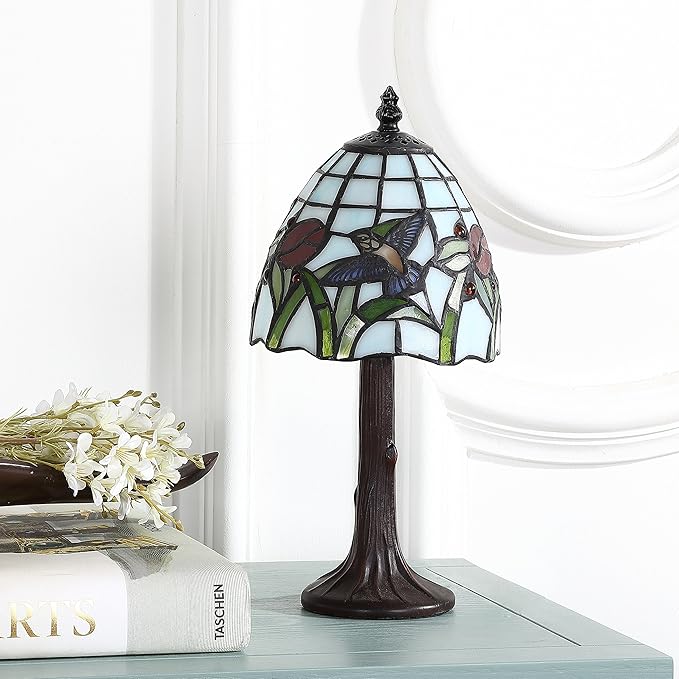 JONATHAN Y 12" Bronze Hummingbird Tiffany-Style LED Table Lamp, Handcrafted Multicolored Stained Glass Bell Shade, Traditional Bedside Accent Lamp, LED Bulb Included JYL8014A