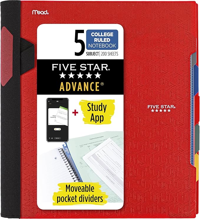 Five Star Advance Spiral Notebook + Study App, 5 Subject, College Ruled Paper, 8-1/2" x 11", 200 Sheets, Spiral Guard, Movable Tabbed Dividers, Fire Red (73146)