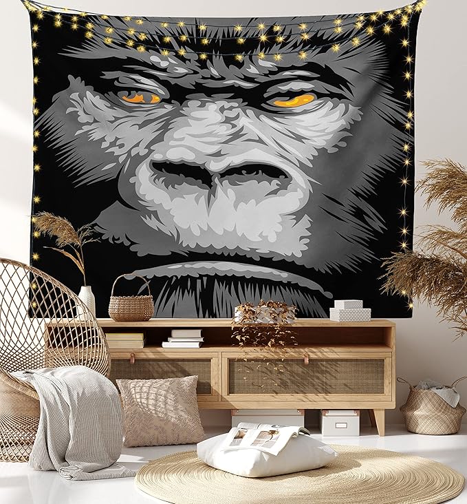 Ambesonne Modern Tapestry Twin Size, Close up Gorilla Portrait with Orange Eyes Zoo Jungle Animal Wild Money Graphic, Wall Hanging Bedspread Bed Cover Wall Decor, 68" X 88", Grey Marigold