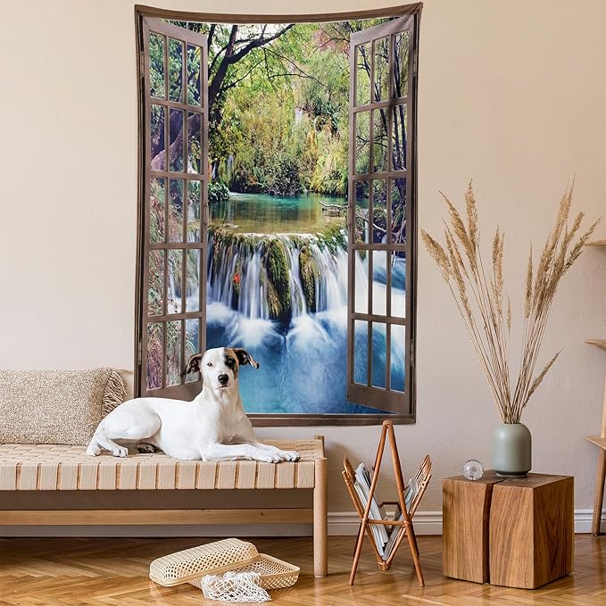 Ambesonne Waterfall Tapestry Queen Size, Wide Waterfall Deep down in the Forest Seen from a City Window Epic Surreal Print, Wall Hanging Bedspread Bed Cover Wall Decor, 88" X 88", Brown Black