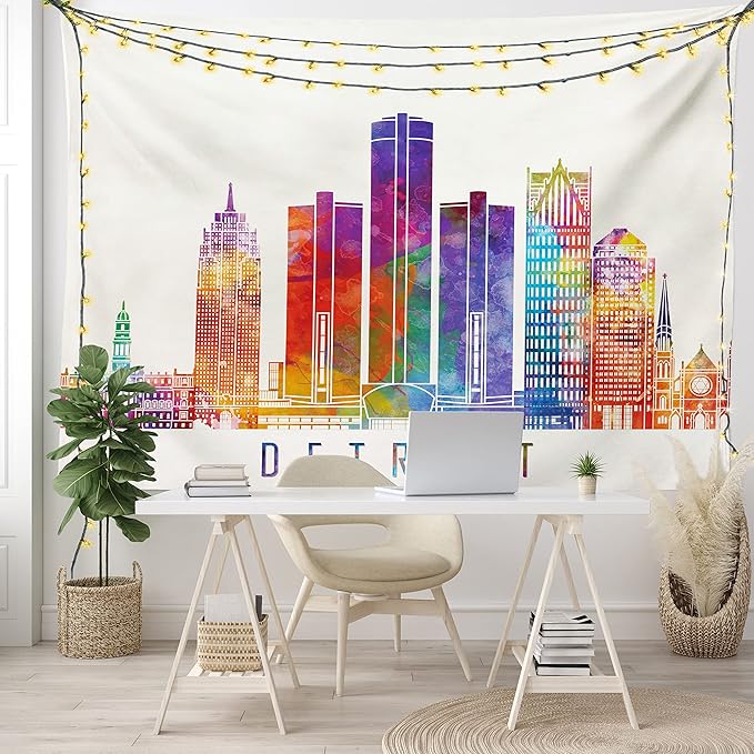 Ambesonne Detroit Tapestry King Size, Vibrant Colored Abstract Skyscrapers Modern Architecture Watercolor Style Landmarks, Wall Hanging Bedspread Bed Cover Wall Decor, 104" X 88", Ivory