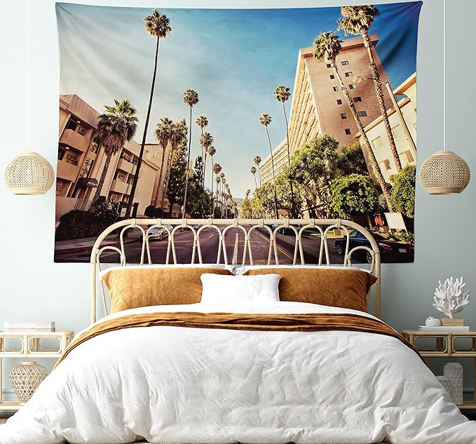Ambesonne Urban Tapestry King Size, Street in Beverly Hills CaliforniPalm Trees Houses Famous City Photo, Wall Hanging Bedspread Bed Cover Wall Decor, 104" X 88", Pale Blue Peach Green