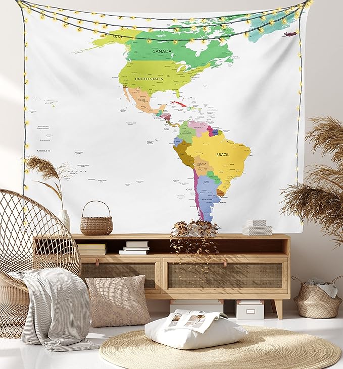 Ambesonne Map Tapestry Queen Size, Map of South and North America with Countries Capitals and Major Cities Colorful Design, Wall Hanging Bedspread Bed Cover Wall Decor, 88" X 88", Green White