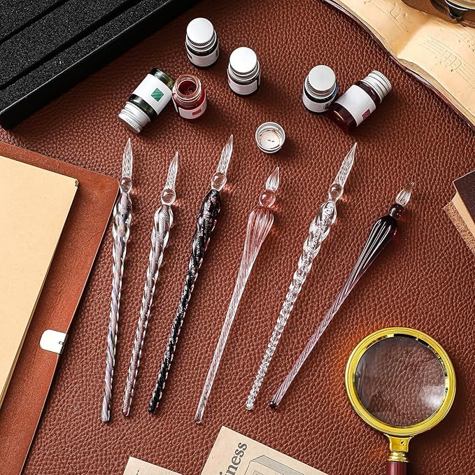 Zonon 6 Pieces Handmade Glass Dip, Crystal Glass Signature Calligraphy Vintage Dip Ink Pen Borosilicate Present Pen for Writing Drawing Decoration(Pink Color,Classic Style)