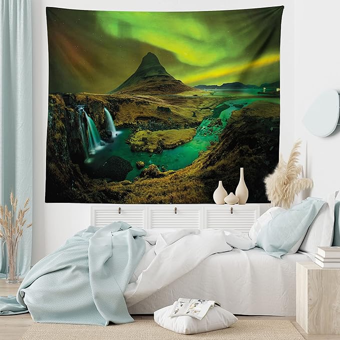 Ambesonne Aurora Borealis Tapestry, Pale Weather over the Hills Waterfall Creek Nature Landscape, Wide Wall Hanging for Bedroom Living Room Dorm, 60" X 40", Olive Green