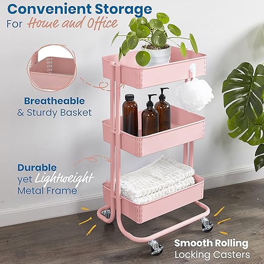 ECR4Kids 3-Tier Metal Rolling Utility Cart, Multipurpose Storage, Pink