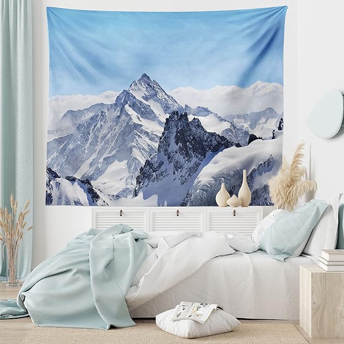 Ambesonne Winter Tapestry, Snowy Rocky Mountain Peaks Tops Scene High Lands ICY Frozen Swiss Outdoor Art, Fabric Wall Hanging Decor for Bedroom Living Room Dorm, 45" X 30", Blue and White