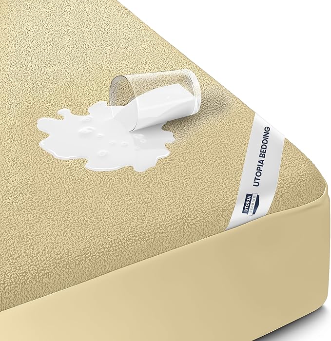 Utopia Bedding Waterproof Mattress Protector Twin Size, Premium Terry Mattress Cover 200 GSM, Breathable, Fitted Style with Stretchable Pockets (Beige)