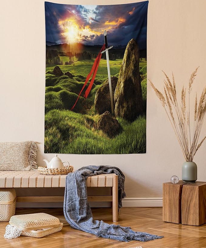 Ambesonne King Tapestry, Arthur Camelot Myth in England Ireland Fields Invincible Myth Image, Fabric Wall Hanging Decor for Bedroom Living Room Dorm, 23" X 28", Green Blue Red