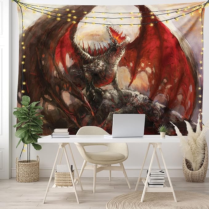 Ambesonne Fantasy World Tapestry, Majestic Dragon Resting on Mountain Mythological Fire-Spewing Creature Print, Fabric Wall Hanging Decor for Bedroom Living Room Dorm, 45" X 30", Brown Red