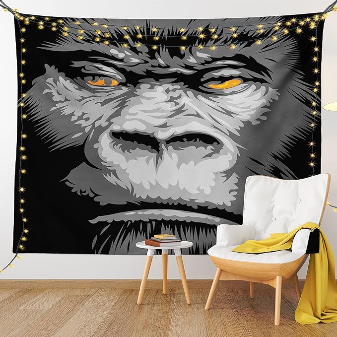 Ambesonne Modern Tapestry King Size, Close up Gorilla Portrait with Orange Eyes Zoo Jungle Animal Wild Money Graphic, Wall Hanging Bedspread Bed Cover Wall Decor, 104" X 88", Grey Marigold