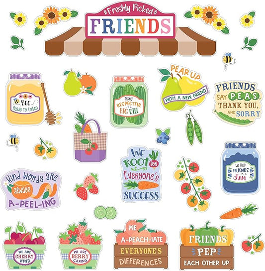 Carson Dellosa Freshly Picked Friends 41pc Bundle Bulletin Board Set, Colorful Cardstock Banner, Fruit Name Labels, Farmers Market Theme Decorations for Homeschool and Classroom Decor