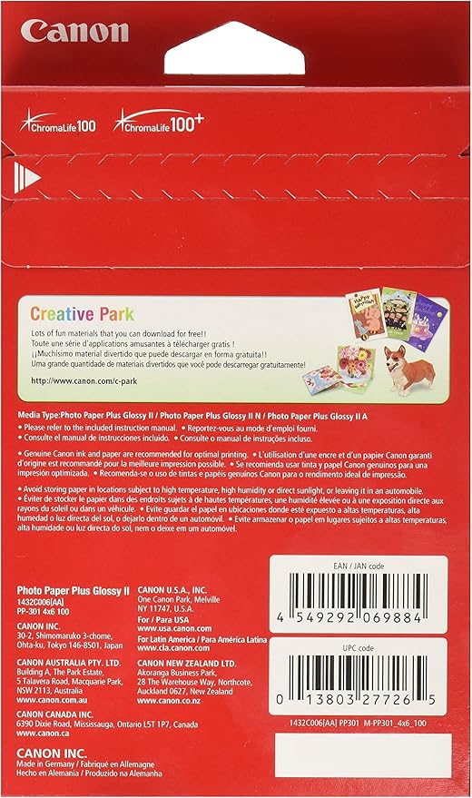 Canon Photo Paper Glossy 4 x 6 Inches, PP-301, 100 Sheets