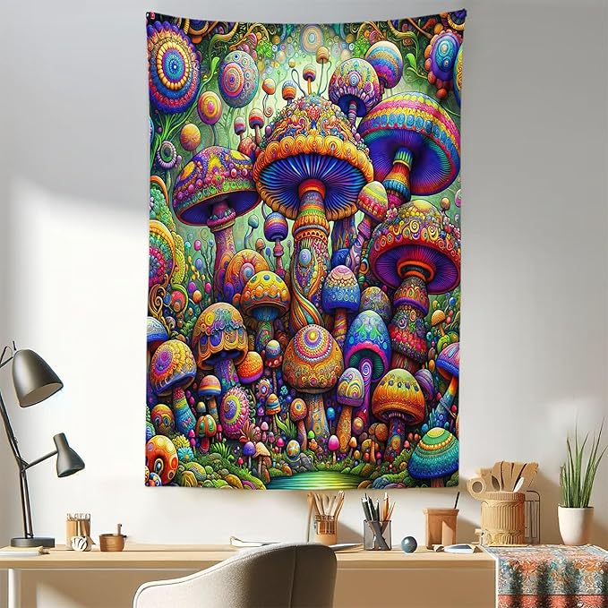 Ambesonne Mushroom Tapestry, Art Trippy Jungle with Colorful Huddles of Oriental Motifs Outer World Psychedelic, Fabric Wall Hanging Decor for Bedroom Living Room Dorm, 30" X 45", Multicolor