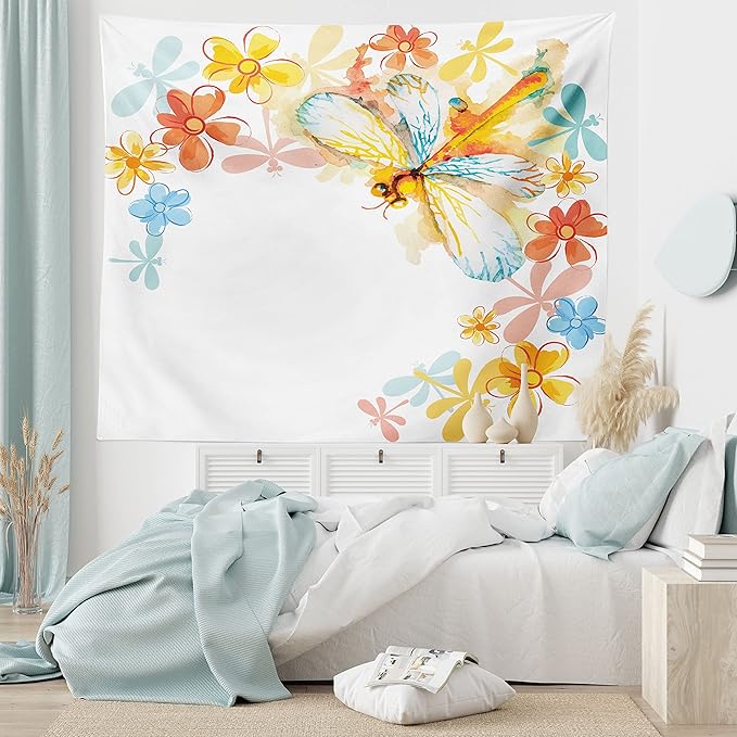 Ambesonne Dragonfly Tapestry, Abstract Grunge Vintage Design Moth Spring Flowers Floral Frame Art Print, Fabric Wall Hanging Decor for Bedroom Living Room Dorm, 30" X 45", Yellow Orange
