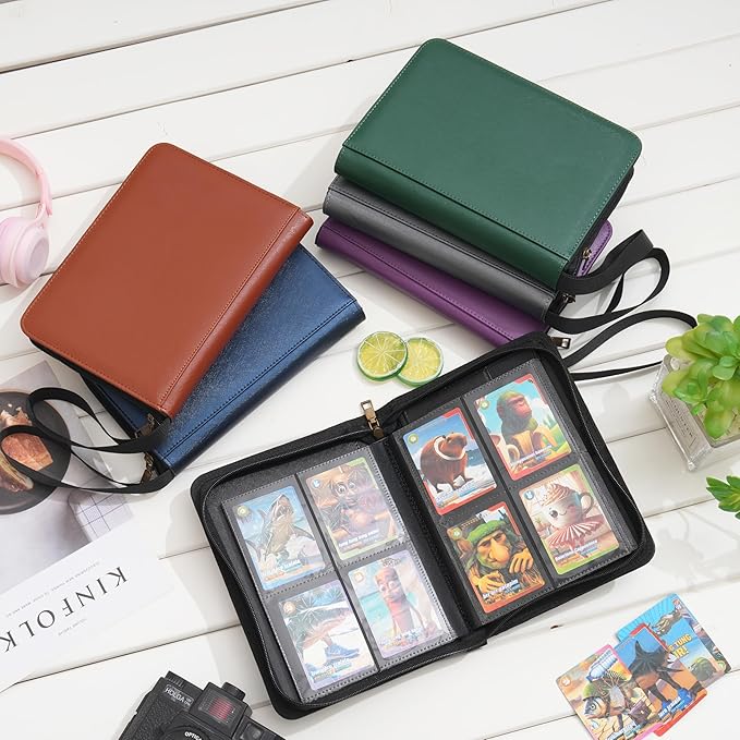 Wonderpool Card Binder A5 Album Zippered 4-Pocket Trading for 240 Cards - Leather PU Card Holder Collection Storage Folder, Side-Loading for Photo Pokemon, MTG, TCG, Yugioh, Sports Cards (Blue)