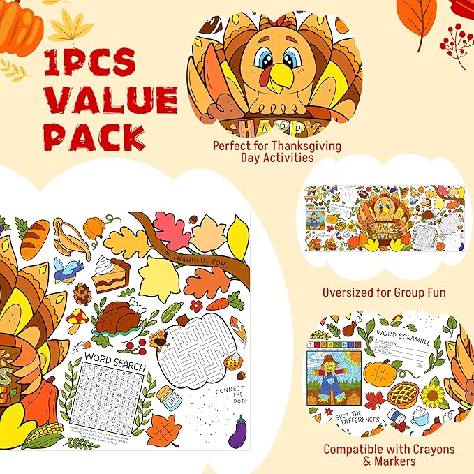 JOYIN Thanksgiving Decorations Giant Coloring Poster Tablecover, 30 x 72 Inches Thanksgiving Turkey Themed Tablecloth for, Versatile Coloring Crafts Kit for Fall School Party Supplies, Special Events