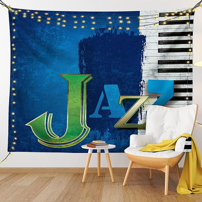 Ambesonne Jazz Music Tapestry Twin Size, Abstract Cracked Background Piano Keys Themed Print Rhytym Image, Wall Hanging Bedspread Bed Cover Wall Decor, 68" X 88", Navy Green White