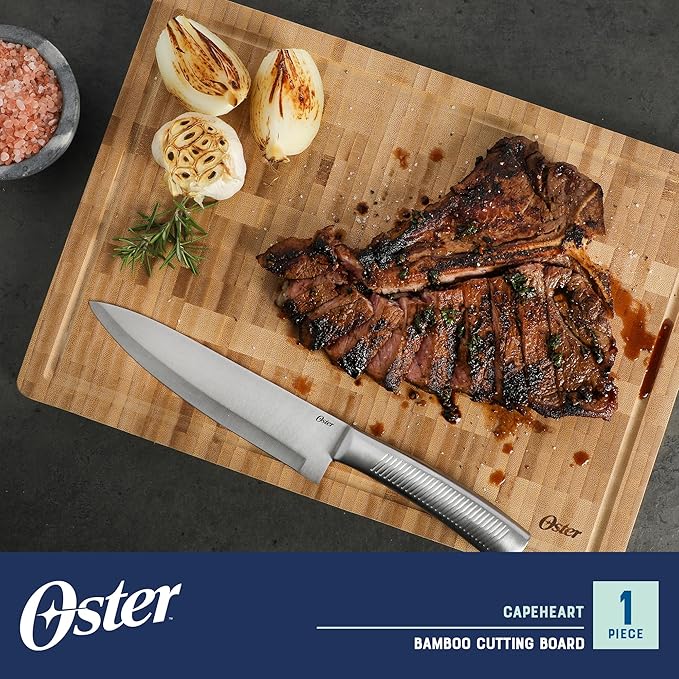 Oster Capeheart Rectangular End Grain Bamboo Cutting Board – 16.5" x 11.8" Wooden Durable Kitchen Chopping Carving Boards with Juice Grooves, Oil Finished