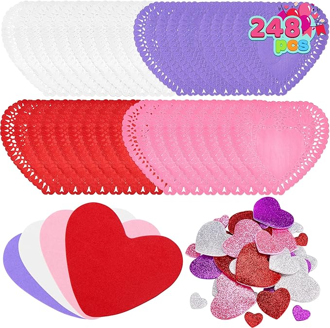 JOYIN Valentine Day 248 Pcs Heart Doilies Craft Gift Set with 200 Packs Heart Paper Doilies 48 Pcs Foam Crafts and 4 Bags of Glitter Foam Stickers for Valentine's Day Party Tableware Decoration