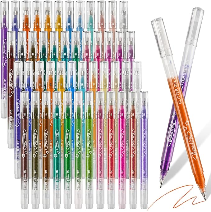 miikoul Glitter Gel Pens, 48 Pack 1.0mm Fine Tip Large Capacity Colored Drawing Pens Sparkly Metallic Shimmer Paint Pen Water-Based Ink for Adults Coloring DIY Craft Making,Doodling, Scrapbooking
