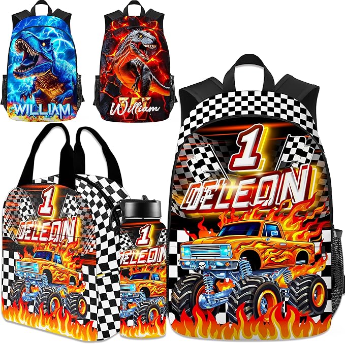 Custom Kids Truck Backpack with Lunch Box Personalized Name Bookbag for Boys Back to School Backpacks for Elementary Middle School