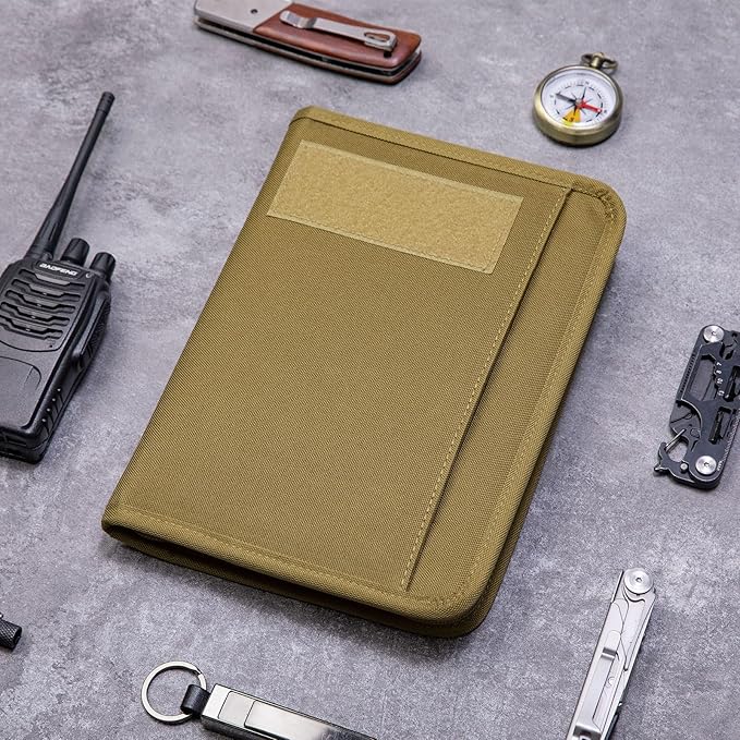 Kosibate Tactical Notebook Padfolio Ring Binder with 80 Sheets, Tactical Binder Zippered for Folders, Cards Refillable 6-Ring Notepad,Army Military Waterproof Notebook Cover(Khaki,7.3"x10.1")