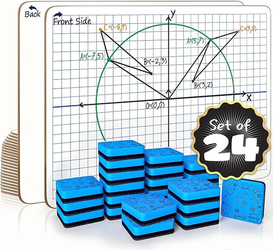 Scribbledo 24 Pack Dry Erase XY Axis Graph Lap Board 9" X 12" for Student and Classroom Use, Math White Board - Double Sided With 24 Erasers Included