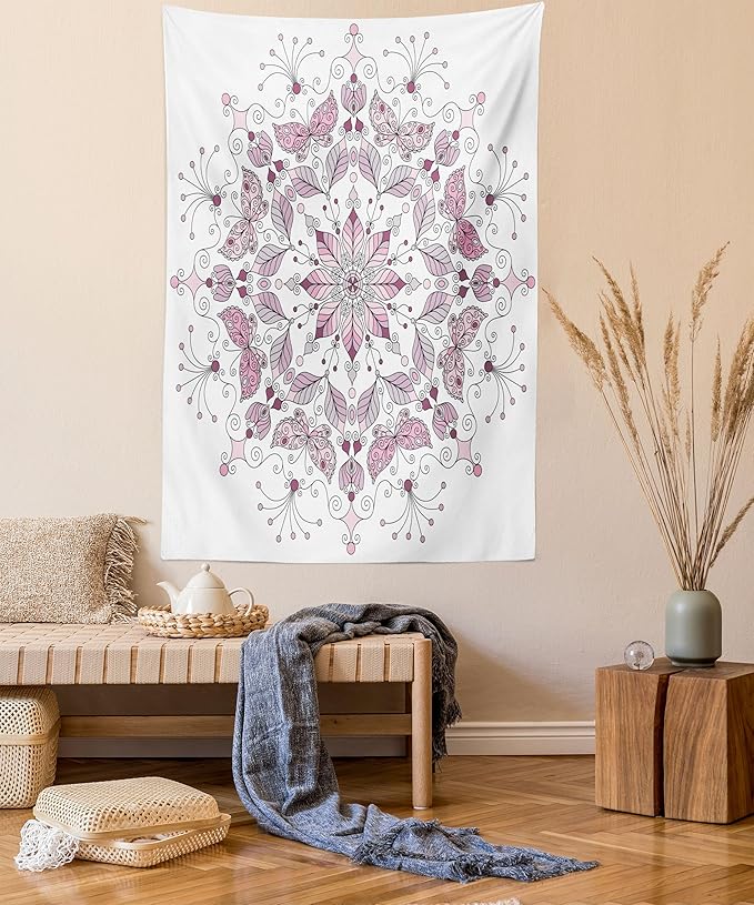 Ambesonne Mandala Tapestry, Lacy Inspired Pastel Floral Motif with Butterfly and Lotus Branches Design, Wall Hanging for Bedroom Living Room Dorm Decor, 40" X 60", White Pale Pink