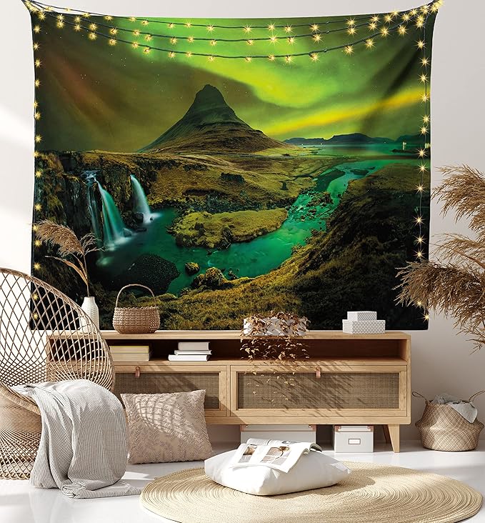 Ambesonne Aurora Borealis Tapestry, Pale Weather over the Hills Waterfall Creek Nature Landscape, Wide Wall Hanging for Bedroom Living Room Dorm, 60" X 40", Olive Green